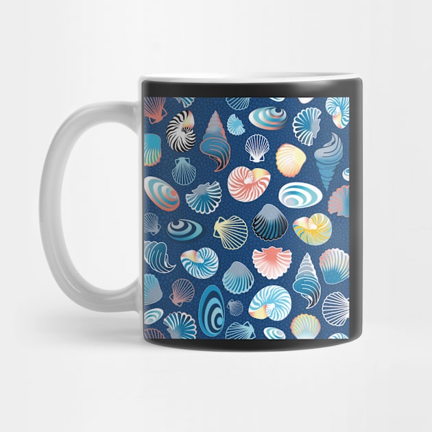 colorful sea shells on dark blue background by colorofmagic